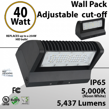LED Wall Pack 40W 5437 Lumen Adjustable Cut-Off 5000K