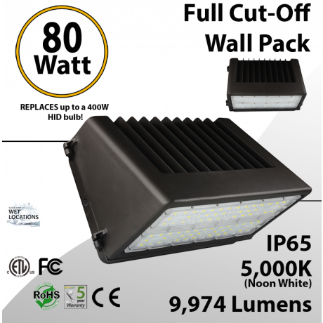LED Wal Pack Lights Full Cut-Off 80W 9974 Lm DLC 5000K