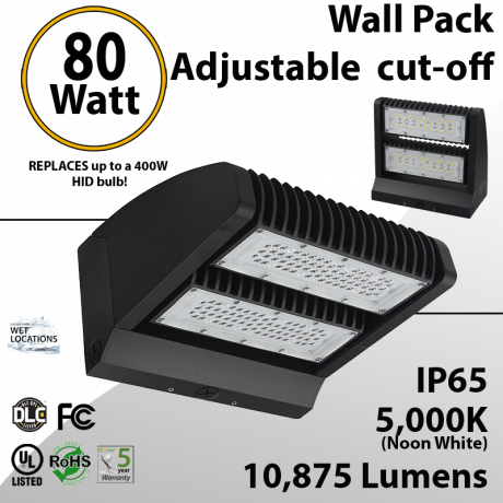 LED Wall Pack 80W 10875 Lumen Adjustable Cut-Off 5000K
