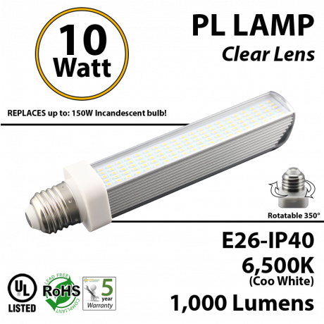 10W, PL LED Bulb lamp, 6500K, E26, UL.  Direct Line (Remove Ballast)