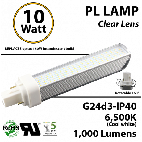 10W PL LED Bulb lamp 1000Lm 6500K G24-d3 IP40 UL.  Direct Line (Remove Ballast)