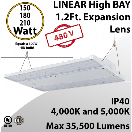 High Bay Led Light 1.2Ft. 155/180/210W 277-480VAC 35500Lm 4000-5000K