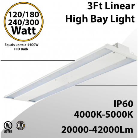 LED High Bay Light 3Ft. 120W to 300W 42000 Lm 4000K 5000K UL DLC