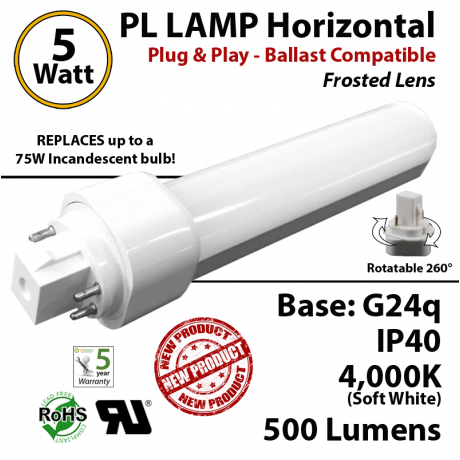5W PL LED Lamp 500Lm 4000K Frosted Lens G24q IP40 UL. Ballast compatible