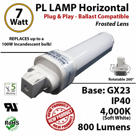 7W PL LED lamp 800Lm 4000K Frosted Ballast compatible GX23 IP40 UL.