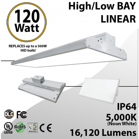 High Bay LED Light 2Ft. 120W 16120 Lumens 5000K UL DLC