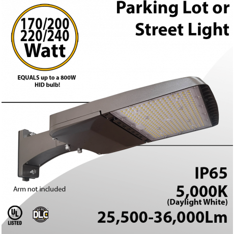 LED Street Light 170/200/220/240W up to 36000Lm 5000K UL IP65 DLC