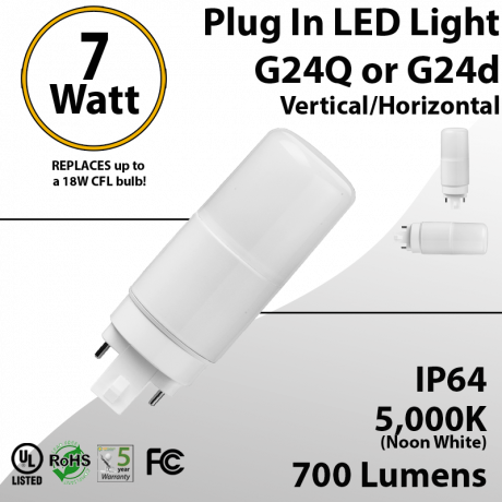 Plug In LED light G24Q or G24D 7W 700Lm 5000K IP64 UL. Direct Line (Remove Ballast)