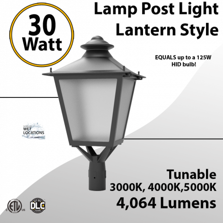 LED Post Light 30W LED Lantern Style 4064Lm 3000K 4000K 5000K ETL DLC