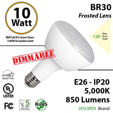 BR30 10W 850Lm Dimmable Frosted Lens 120° Beam Angle 5000K UL & Energy Star