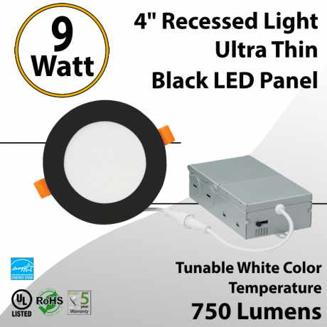 Recessed Lighting Ultra Thin Black LED Panel 4" 9W Tunable White Color Temperature (LED)
