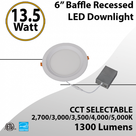 Recessed Downlight Round 6" Baffled 13.5W 100-277V 3CCT 