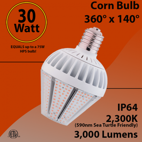LED Corn Bulb Sea Turtle Friendly 30W 3000Lm 2300K E36 IP64 UL