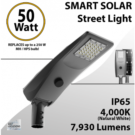 Solar Street Light 50W 7930Lm 12V 50AH Microwave Motion sensor included