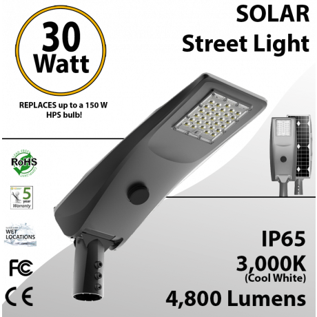 Solar Street Light 30W 4800Lm 12V 30AH Microwave Motion sensor and panel included
