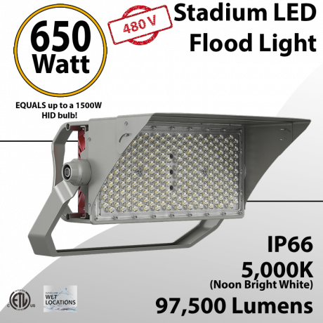 LED Stadium Lights 650W 97500 lumens IP66 ETL DLC 277-480V (LED)