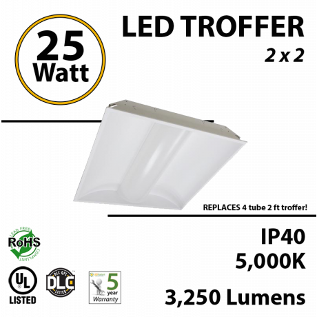 25W LED Troffer 2 x 2 3250Lm 5000K UL DLC