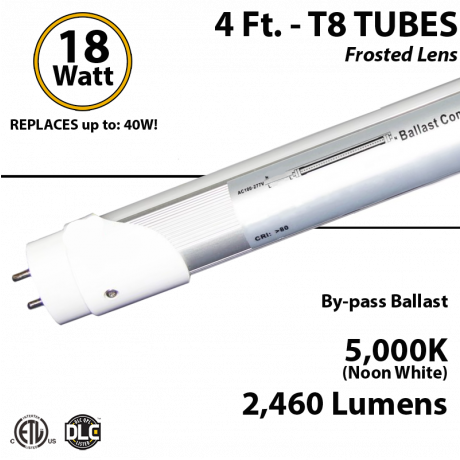 LED T8 Bulb Tube light 4Ft 18W 5000K Frosted Lens By-Pass Ballast