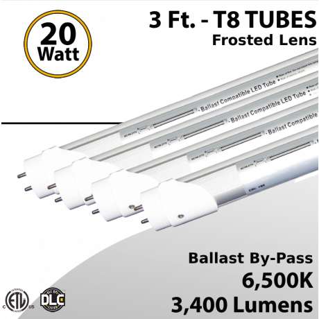 LED T8 Tube Light 3Ft 6500K Frosted Lens Ballast By-Pass