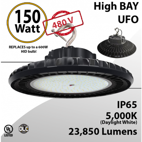  UFO LED Light High Bay 480V 150W 20215 Lumen 5000K UL & DLC