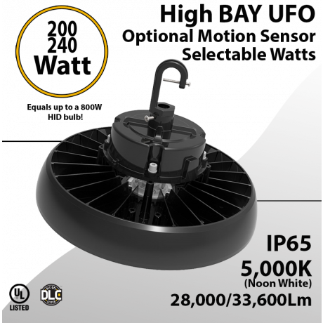 UFO Light LED High Bay 200W 240W Motion Sensor Ready 28000Lm or 36000Lm 5000K