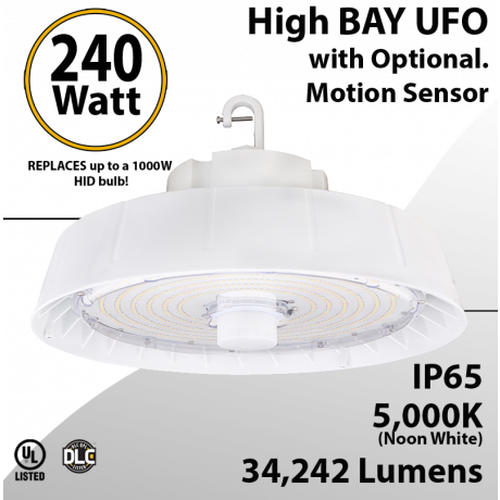 UFO Light LED High Bay 240W White Optional Motion Sensor 34242Lm 5000K