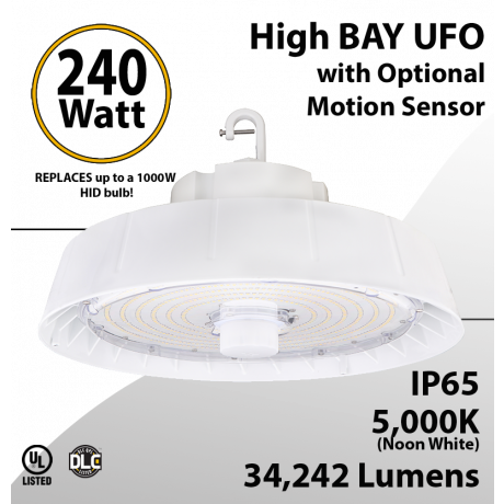 UFO Light LED High Bay 240W White Optional Motion Sensor 34242Lm 5000K
