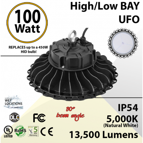 100W LED High Bay Light UFO 13500 Lumens 5000K UL DLC