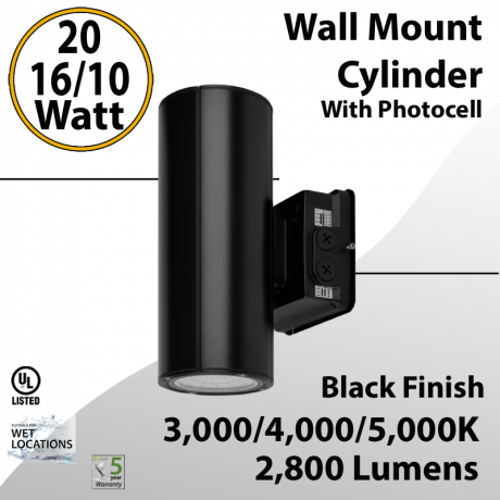 LED Wall Mount Cylinder Light 10/16/20W 3CCT 2800Lm Photocell Black Finish (LED)