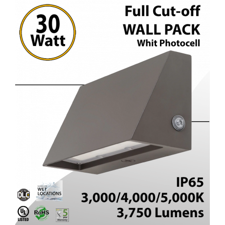 Led Full Cutoff Wall Pack 12-30W 3000K/4000K/5000K Adjustable CCT/WATT (LED)