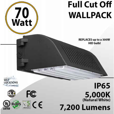 70W LED Full Cut off Wall Pack 7200 Lumens 5000K IP65 UL DLC