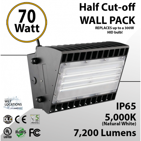 70W LED Half Cut off Wall Pack 7200 Lumens 5000K IP65 UL DLC