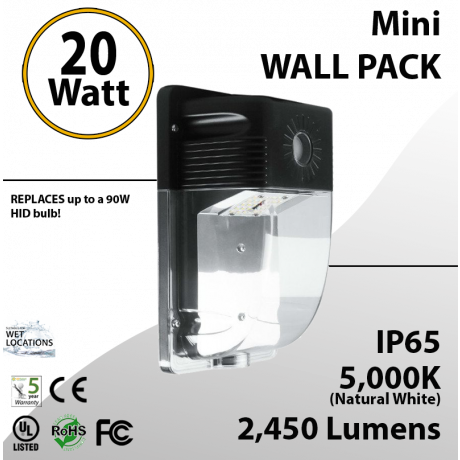 20W LED Mini Wall Pack 2450 Lumens 5000K IP65 UL