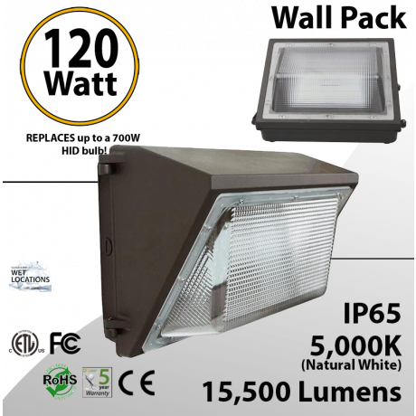 120W LED Wall Pack PC Lens 15500 Lm DLC 5000K