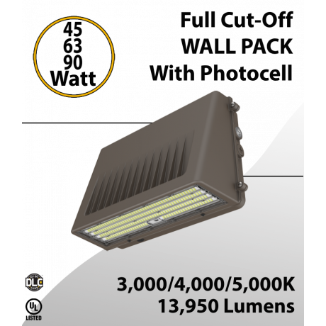 Full cut-off LED Wall Pack 45/63/90W 3000K/4000K/5000K w/Photocel