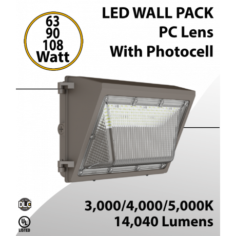 LED Wall Pack PC Lens 63/90/108W 3000K/4000K/5000K w/Photocel
