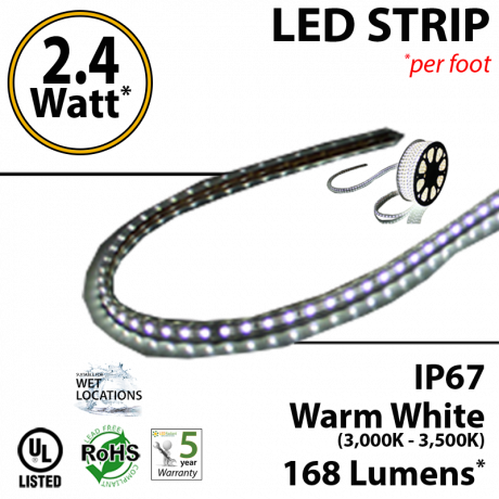 2.4W p/feet LED STRIP 1 foot Warm white  (3,000K-3,500K) 168 Lumens p/ft