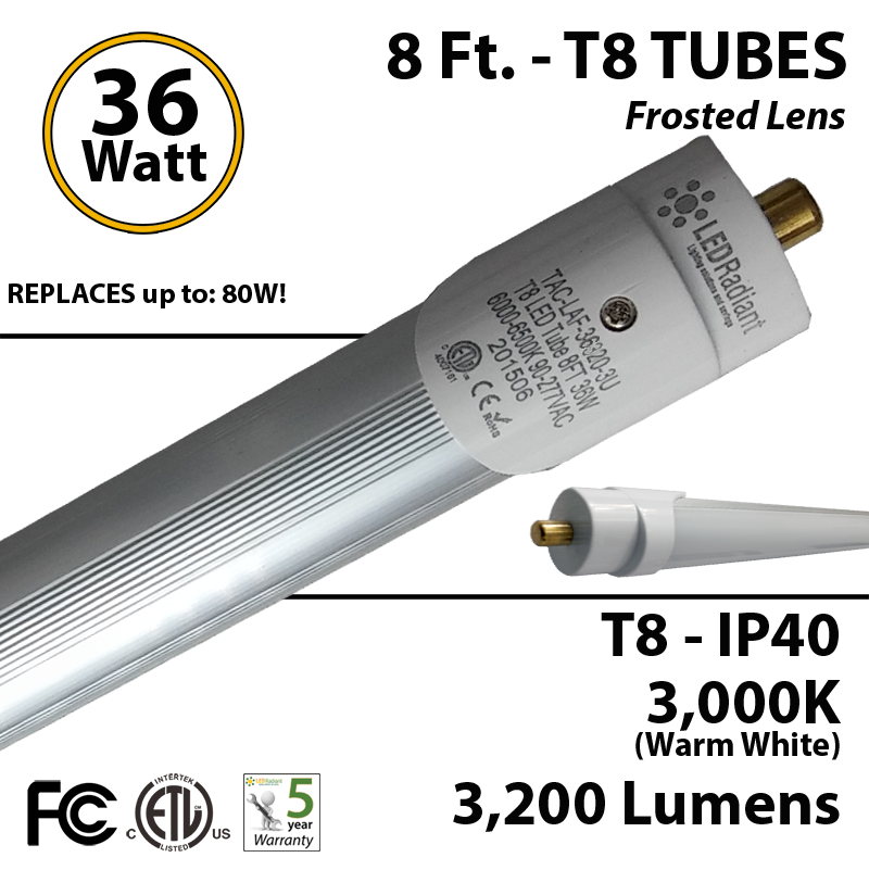 Single Pin 8FT 38W 6500K F96 T12 T8 Fluorescent Replacement LED Tube Light Milky 