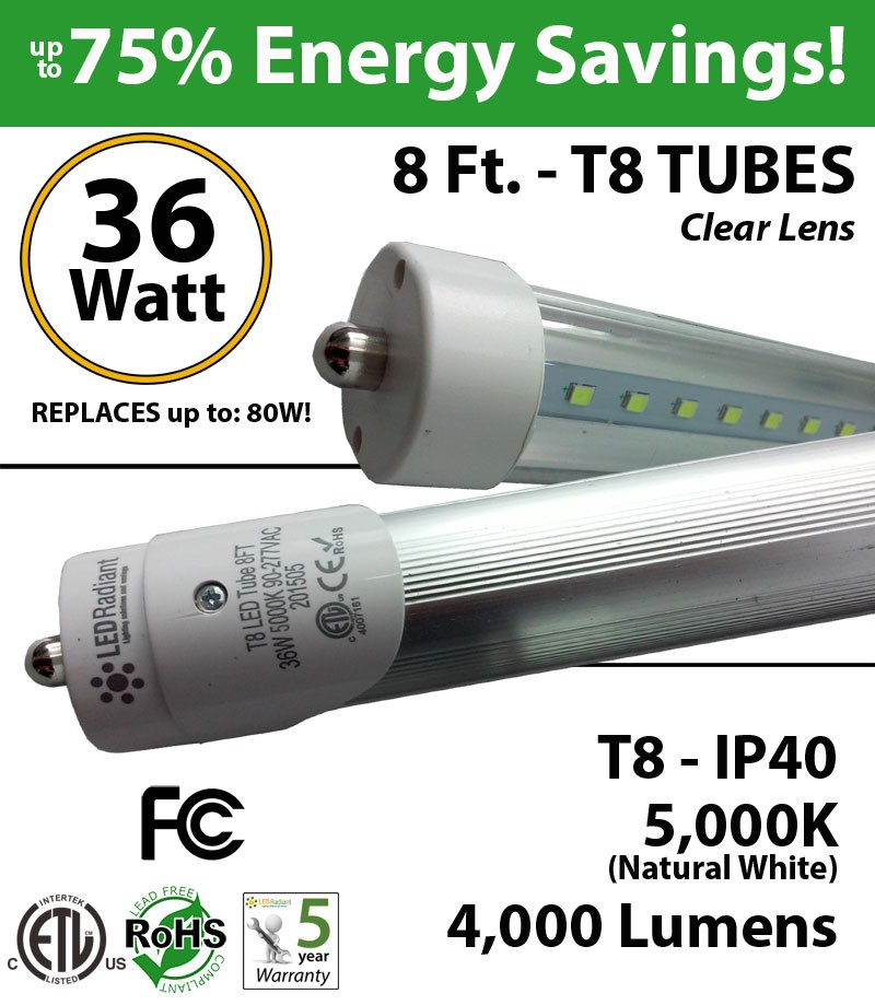 8 FT T8 LED Tube light 36W 4000Lm 5000K IP40 Clear Lens | LEDRadiant