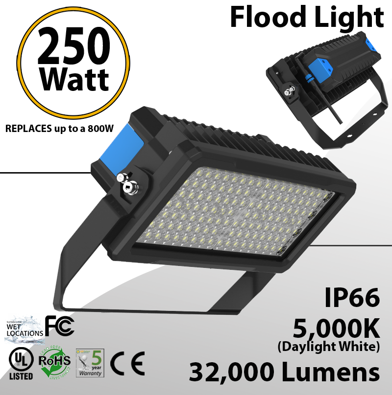 5000K IP65 DLC UL Approved 100W 150W 200W LED Flood Light 250W-600W MH Equiv. 