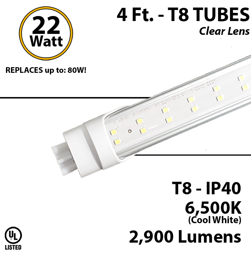 opkald Træ repulsion LED Tube Light 22W 4ft 2900Lm, 6500K Clear IP40 UL 2 end power | LEDRadiant