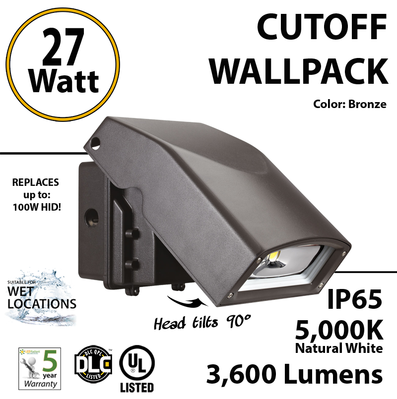 27W Adjustable Slim LED Wall Pack Outdoor Area Security Lighting 5000K IP65 DLC