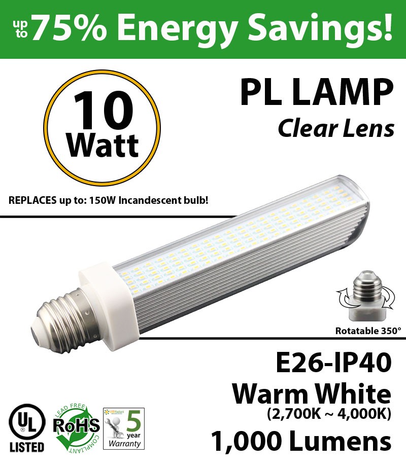 renderen Reageer Razernij 10W, PL LED Bulb lamp, 2700K, E26, UL. Direct Line (Remove Ballast) |  LEDRadiant
