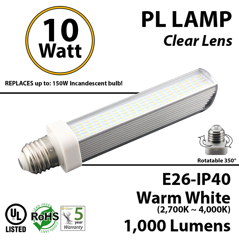 10W, PL LED Bulb lamp, 2700K, E26, UL. Direct Line (Remove Ballast) | LEDRadiant
