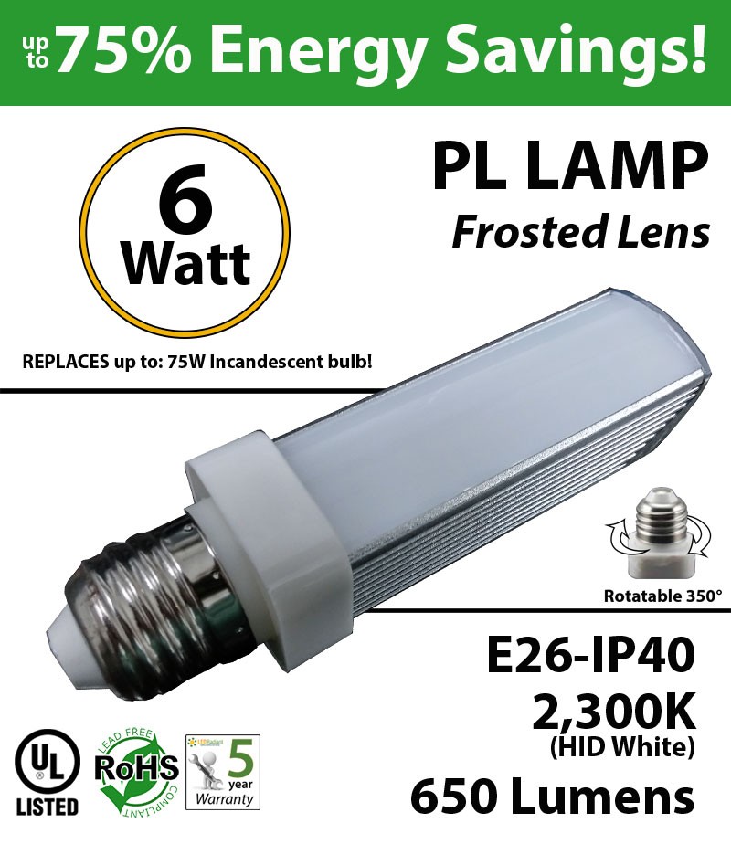 Kameraad acuut koppeling 6W PL LED Bulb lamp 2300K E26 UL.Frosted. Direct Line (Remove Ballast) |  LEDRadiant