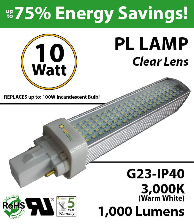 10W PL LED Bulb 1000Lm 3000K G23 UL. Direct Line Ballast) |