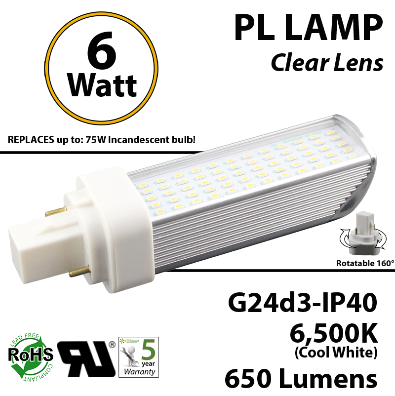 Het formulier vervolging Noord 6W PL LED Bulb lamp 650Lm 6500K G24-d3 IP40 UL. Direct Line (Remove  Ballast) | LEDRadiant