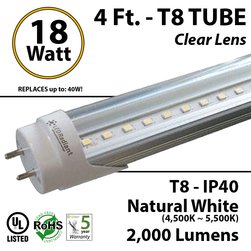 birthday The room Yellowish 18W, 4Ft, LED T8 Tube, 2000Lm, 4500-5000K, Clear, IP40 UL | LEDRadiant