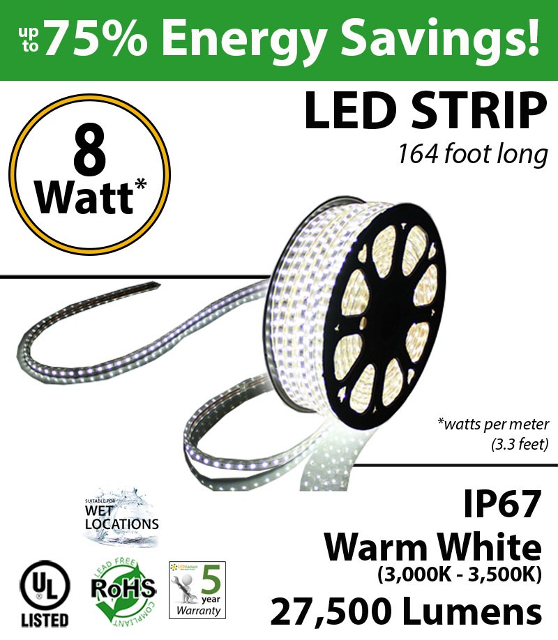 Voor een dagje uit Sitcom beeld 8W per meter (2.4W per feet) LED STRIP 50 Meters (164 ft) Warm white  (3,000K-3,500K) 70 Lumens per watt | LEDRadiant