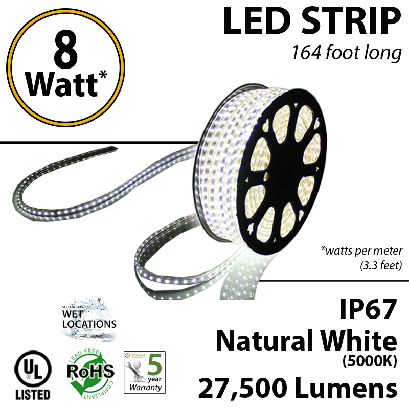 8W p/meter (2.4W LED STRIP 50 Meters (164 ft) Natural White 5000K Lumens p/watt |